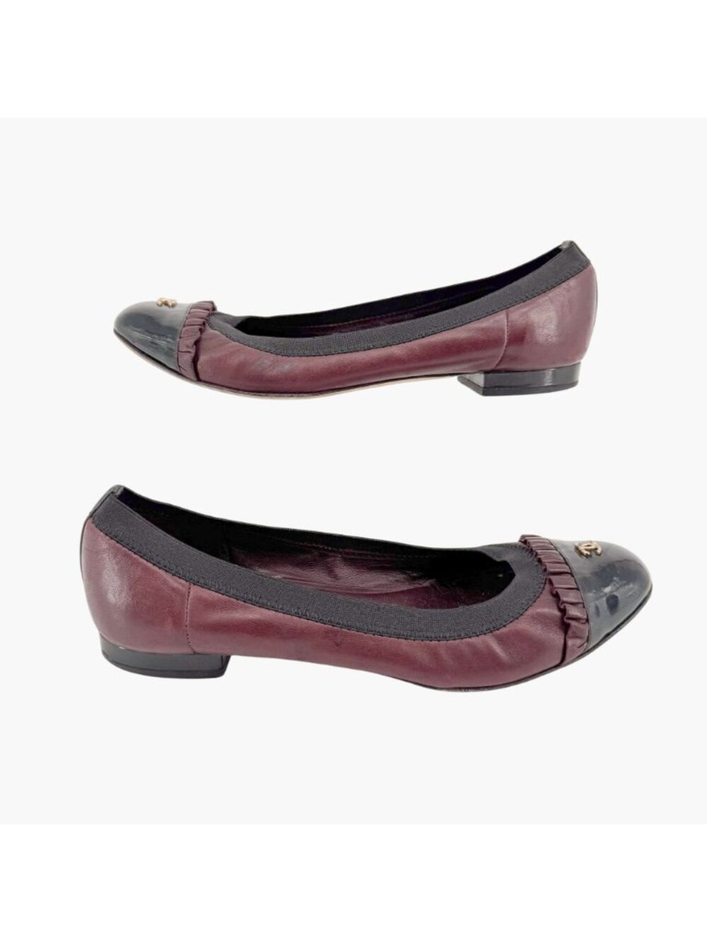 Chanel CC Ruffle Cap Toe Ballet Flats EU 37 US 6-6.5 Brown Burgundy Leather - Picture 8 of 15